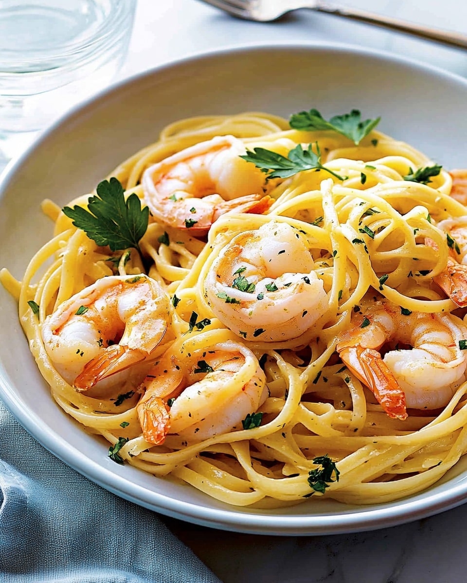 Shrimp Lemon Parsley Linguine, seafood pasta recipes, easy shrimp pasta, summer pasta dishes, lemon parsley linguine A white bowl filled with light yellow linguine pasta layered with several plump, cooked shrimp that have a pinkish-orange shell and slightly translucent body. The pasta looks glossy with a light sauce, mixed with small green herb flakes. Fresh flat green parsley leaves are scattered on top, adding a pop of color. The bowl is set on a white marbled surface with a light blue cloth napkin and a silver fork resting beside it. In the background, a glass of water with bubbles is slightly visible on the left.