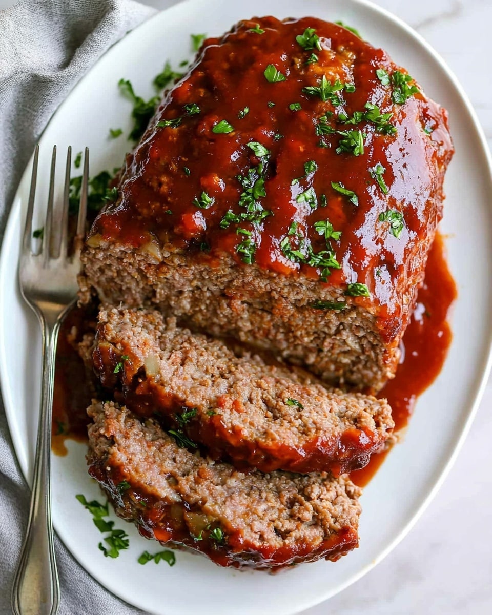 Classic Meatloaf with Tangy Ketchup Glaze, savory meatloaf recipe, easy comfort food dinner, flavorful meatloaf with glaze, family-friendly meatloaf dish The dish shows a white oval plate with a meatloaf cut into four parts. The top layer of the meatloaf is covered with a thick, shiny red sauce that looks smooth and slightly sticky. Inside, the meatloaf has a coarse texture with small bits of meat all mixed together, showing a light brown color with some grey and beige. The meatloaf has green herb pieces sprinkled on top, adding small bright green spots all over the sauce and the meat inside. On the left side of the plate, there is a silver fork placed next to the meatloaf. The whole plate sits on a white marbled surface.