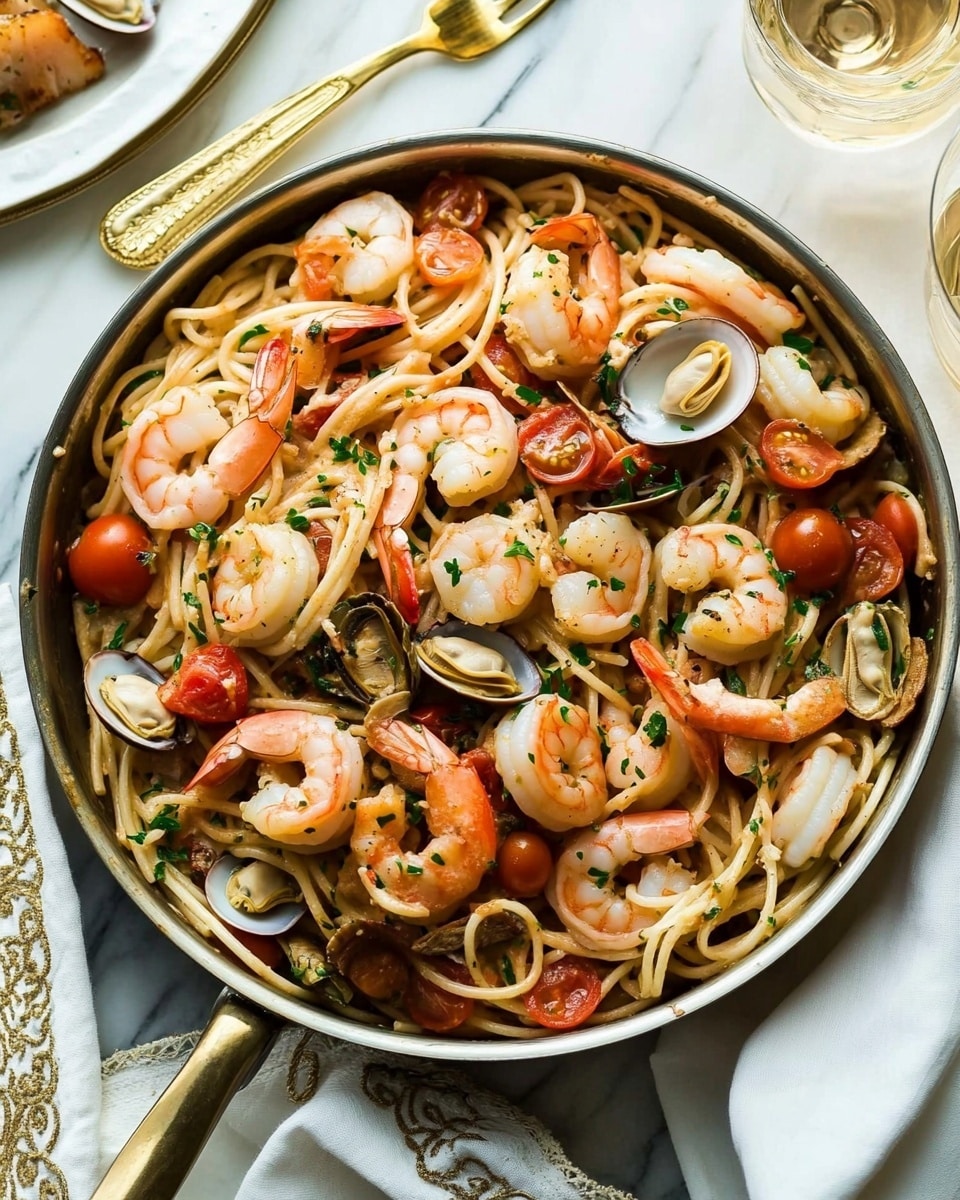 Seafood Fra Diavolo, seafood pasta recipes, spicy seafood dishes, seafood medley recipes, quick seafood dinners A large copper pan filled with a seafood pasta dish sits on a white marbled surface. The dish has thick, white round noodles mixed with small pink shrimp, round scallops with a slight sear, and open clam shells showing the meat inside. The pasta and seafood are covered in a chunky red tomato sauce with bits of tomato and green parsley leaves scattered on top. The open lid of the pan rests tilted to the side. A white cloth with gold patterns lies under part of the pan, and a woman's hand is holding a utensil near the top right of the image.