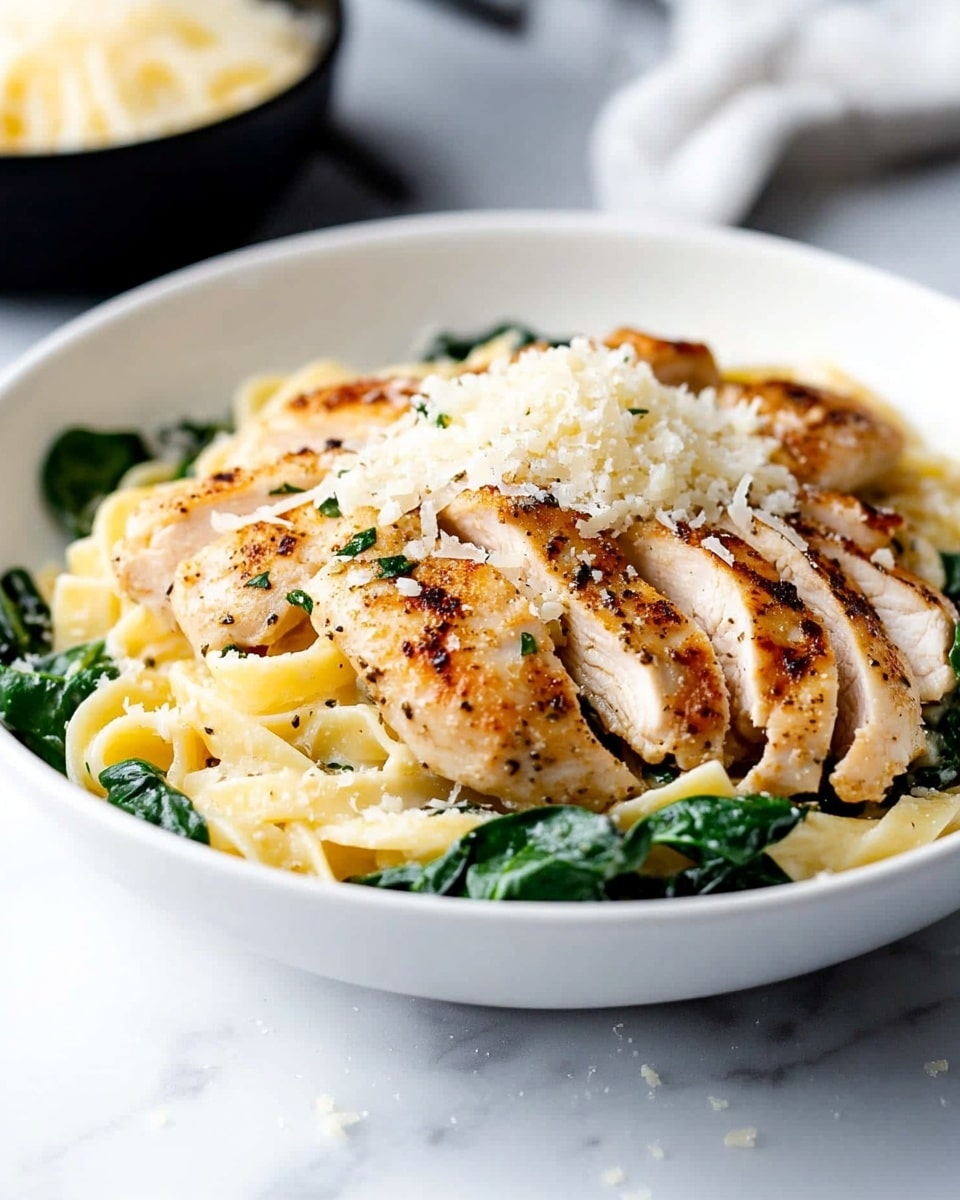 Creamy Chicken Florentine Pasta, Creamy Chicken Florentine, Chicken Florentine skillet, easy creamy pasta, weeknight dinner ideas A white bowl holds a dish with a base layer of creamy pale yellow pasta mixed with bright green spinach leaves scattered throughout. On top of the pasta, to the right side, there is a layer of sliced, grilled chicken seasoned with herbs, showing a golden brown color and a slightly crispy texture. Over the center of the pasta, there is a small pile of finely shredded white cheese sprinkled lightly over the dish. The bowl sits on a white marbled surface, and in the background, there is a small black bowl filled with more shredded cheese and a blurred cloth.