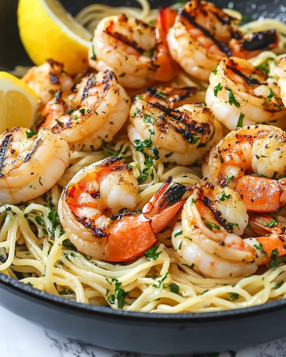 Lemon Shrimp Spaghetti with Parsley and Parmesan, seafood pasta recipes, quick easy shrimp pasta, lemon shrimp pasta, healthy seafood dinner The dish shows a black pan filled with light yellow spaghetti noodles tossed with chopped green herbs. On top, there are large grilled shrimp with orange-red shells and white meat, some with char marks and herbs on them. Bright yellow lemon wedges sit between the shrimp on the noodles, adding a fresh look. The pan is placed on a white marbled surface. The scene is bright and clear, showing the texture and colors well.