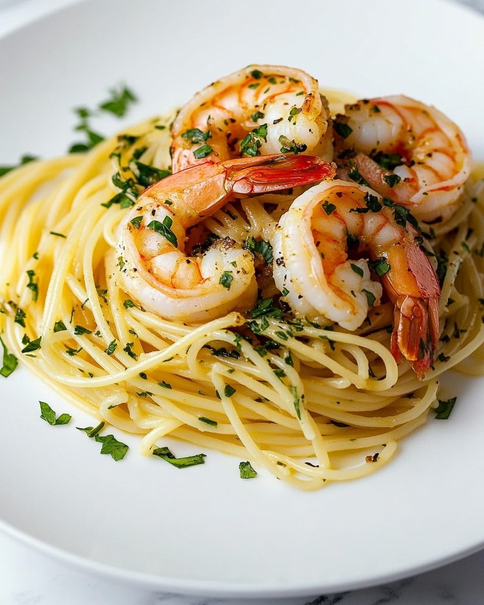 Lemon Shrimp Spaghetti with Parsley and Parmesan, seafood pasta recipes, quick easy shrimp pasta, lemon shrimp pasta, healthy seafood dinner A white plate holds a small pile of cooked spaghetti pasta that looks soft and slightly glossy with light olive oil coating. The pasta is mixed with small pieces of chopped green herbs scattered evenly throughout. On top and around the pasta are three large shrimp with bright reddish-orange shells and white meat, garnished with more chopped green herbs. The whole dish sits on a white marbled surface.