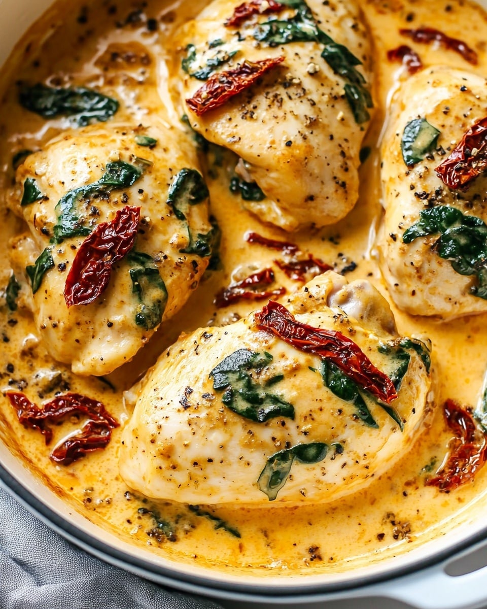 Creamy Tuscan Chicken, easy creamy chicken dinner, garlic sun-dried tomato chicken, weeknight chicken recipes, comforting chicken pasta dish The image shows four cooked chicken pieces in a creamy orange sauce with visible herbs and spices sprinkled on top. The sauce is rich and thick, with green spinach leaves and red sun-dried tomato strips mixed throughout. The chicken has a lightly browned surface, and the dish is inside a white pan with a small part of a gray cloth visible beneath it. The background is a white marbled texture