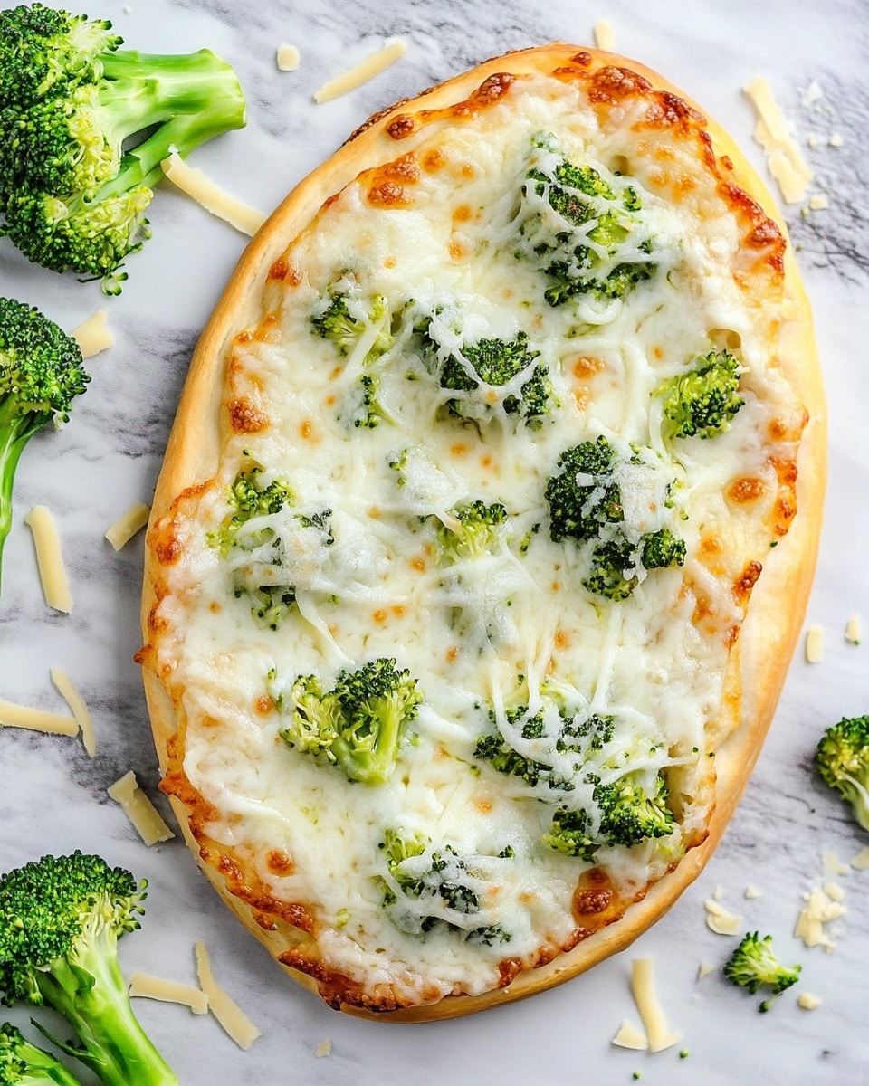 Chicken and Broccoli Alfredo Flatbread Pizza, easy chicken flatbread pizza, creamy Alfredo flatbread, quick weeknight pizza recipe, healthy flatbread dinner The image shows two triangular slices of pizza on a white marbled surface. Each slice has a thin, golden-brown crust at the edges, topped with bright green broccoli pieces and melted white cheese that stretches slightly between the slices. The cheese looks soft and covers most of the broccoli, giving a creamy texture on top. There are also a few small bits of broccoli and cheese scattered around on the surface, adding a natural and casual look. The photo is taken from a close angle that highlights the details of the toppings and the crust.
