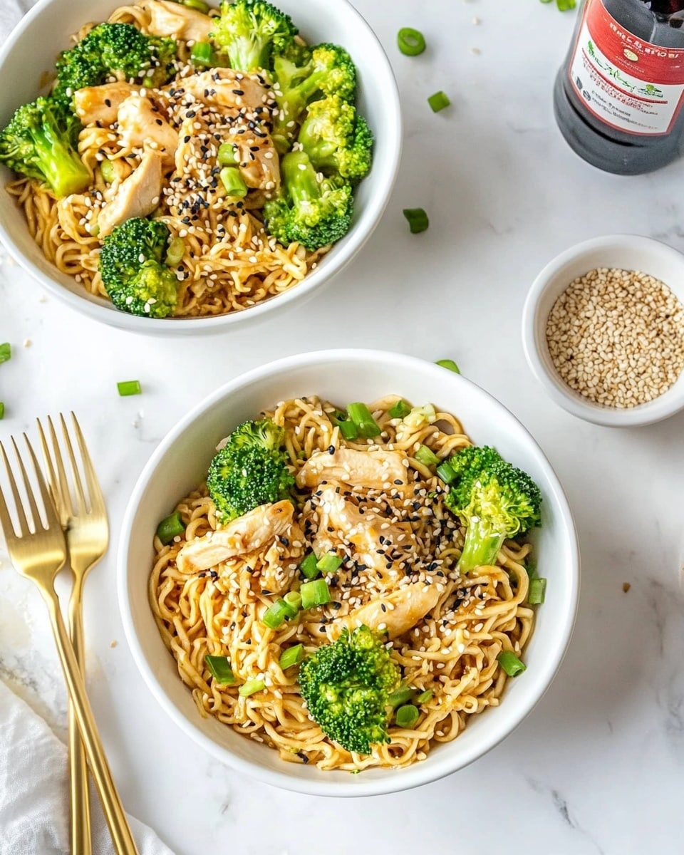 Easy Chicken Ramen Noodle Stir Fry, quick dinner ideas, healthy Asian stir fry, simple chicken ramen recipes, easy weeknight meals The image shows two white bowls filled with a colorful noodle dish. Each bowl has a base layer of brown, twisted noodles mixed with small chunks of light tan cooked chicken pieces. Bright green broccoli florets are spread evenly throughout the noodles, adding a fresh touch. Scattered on top are small cuts of green onions and sprinkled black and white sesame seeds, giving a textured look. A small white bowl with more black and white sesame seeds sits nearby, along with a gold fork and spoon placed on the white marbled surface. A bottle of bright red chili sauce is also visible in the background. The