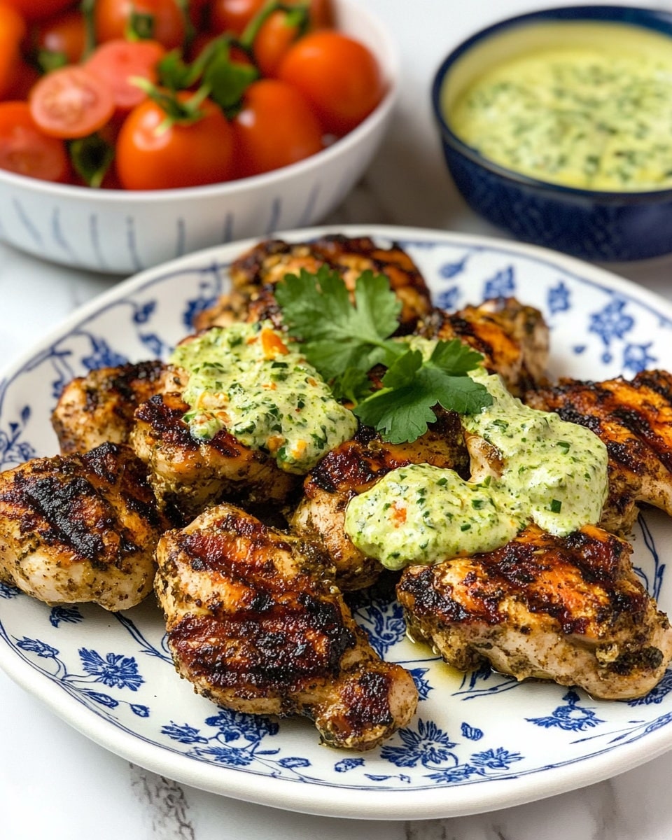 Green Goddess Chicken, Green Goddess Chicken 2 Ways, herb-marinated chicken, grilled chicken with green goddess dressing, skillet chicken recipes The dish shows several pieces of golden-brown cooked cauliflower with some charred spots, placed closely together on a white plate with blue floral designs. Small green cilantro leaves are scattered on top of the cauliflower, adding a fresh touch. A silver fork is placed on the left edge of the plate. The plate sits on a white marbled surface.