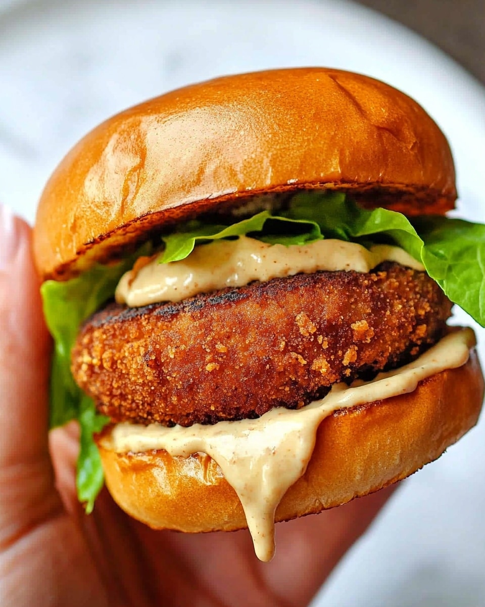 Fried Chicken Caesar Sandwich, Caesar Sandwich with Fried Chicken, Crispy Chicken Caesar Sandwich, Easy Fried Chicken Sandwich, Juicy Fried Chicken Sandwich A close-up image of a sandwich held in a woman's hand featuring three visible layers: on top, a soft golden brown bun with a smooth texture; in the middle, a thick, crispy, brown patty with a rough, crumbly coating, topped with a light beige creamy sauce dripping slightly; underneath, a fresh, green leaf of lettuce peeking out from under the patty; all held above another golden brown bun bottom partly visible. The background shows a white marbled surface with a white plate slightly blurred behind.