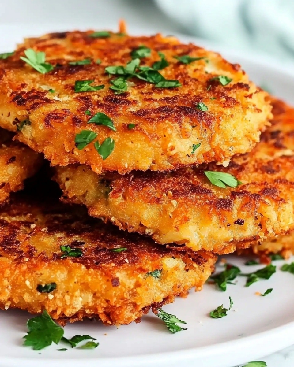 Crispy Coconut Chicken, coconut chicken, tropical chicken strips, crunchy chicken recipes, easy coconut chicken A white plate holds a stack of four golden-brown fried patties with a crispy texture and rough edges. Each patty has a mix of orange and light brown tones, with small scattered green herbs on top and around the plate. The patties appear thick and slightly uneven with visible bits of ingredients in the crust. The background is a white marbled surface.