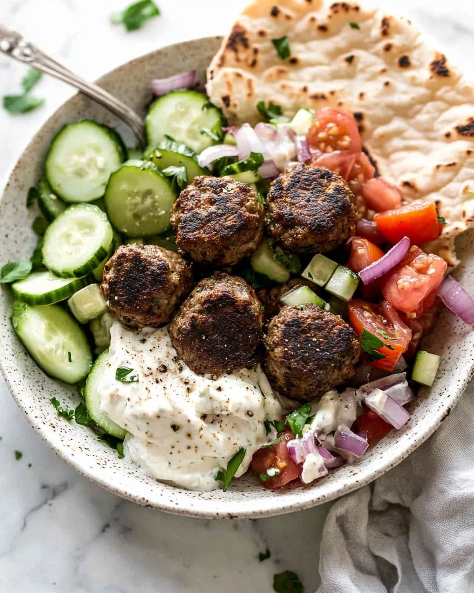 Greek Meatballs, Mediterranean Meatballs, Easy Greek Meatballs, Juicy Greek Meatballs, Authentic Greek Meatballs A white bowl holds a flat pita bread at the bottom, light beige with slight brown spots and soft texture. On top of the pita, there is a generous layer of creamy white sauce spread unevenly. Over the sauce, round dark brown meatballs with a slightly charred surface are placed, some cut open to show a tender inside. Around the meatballs, chunks of bright red tomatoes, green cucumber slices with a watery texture, cubes of white cheese with small black specks, and thin slices of purple onion are scattered. The dish is garnished with small green herb pieces sprinkled on top. Next to the bowl are some torn pita pieces, a white marbled texture surface beneath it all, and a silver spoon resting inside the bowl.