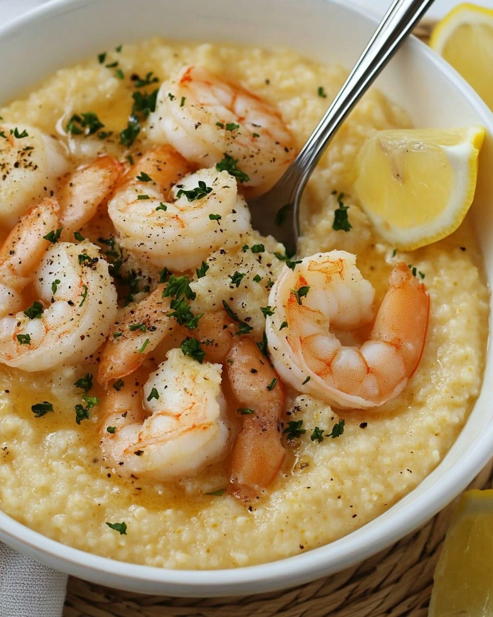 Lemon Garlic Shrimp & Grits, Shrimp and Grits with Lemon and Garlic, Easy Shrimp Grits Recipe, Quick and Flavorful Shrimp and Grits, Comfort Food with Fresh Flavors The image shows a close-up of a white bowl filled with a creamy, light yellow layer of grits topped with several pieces of cooked shrimp which are a pale pink with some white sections, sprinkled with small green herbs. A silver spoon is placed inside the bowl resting on the right side, partially submerged in the grits. Near the bowl, on a woven mat surface, there are two lemon wedges, one placed at the top right and the other at the bottom right of the frame. The background is a white marbled texture.