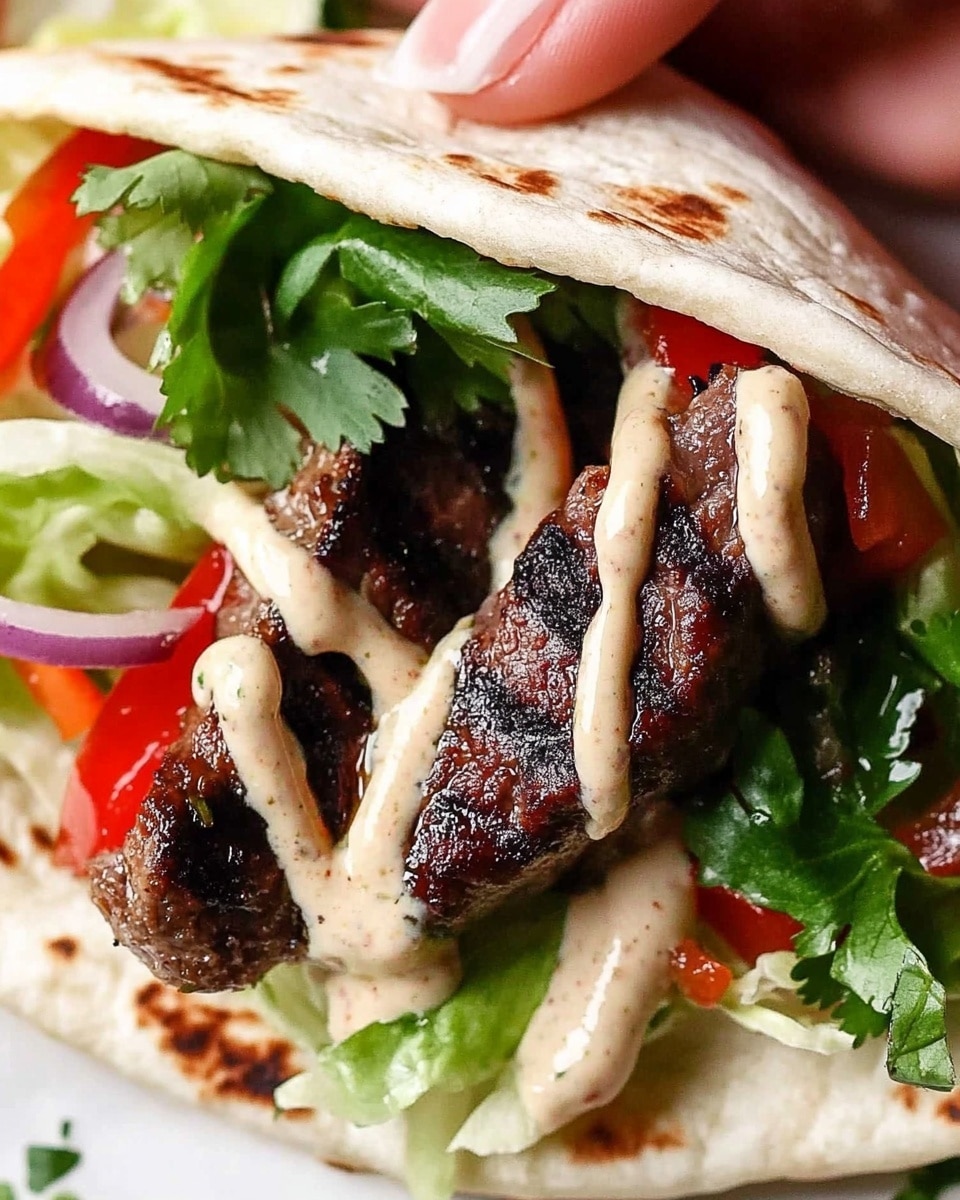 A close-up image of a white flatbread wrap filled with two dark brown grilled meat pieces on the bottom layer, topped with shredded light green lettuce and thin red bell pepper slices. There are thin purple onion slices mixed among the vegetables, with light green small herb leaves placed on top. A light beige creamy sauce is drizzled over the meat and vegetables. A woman's hand is holding the wrap from behind. The background is a white marbled surface. Photo taken with an iphone --ar 4:5 --v 6.1