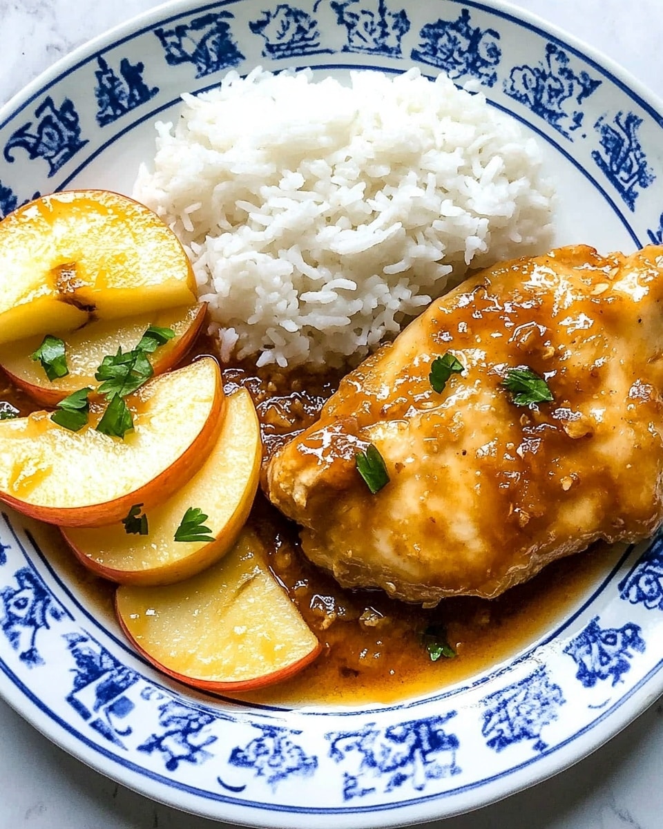 A white plate with a blue and yellow pattern holds a serving of white rice at the top center, a golden brown cooked chicken piece covered in sauce to the right, and three shiny cooked apple slices coated in sauce to the left. Small green herb leaves are scattered over the chicken and rice. The plate is placed on a white marbled surface. photo taken with an iphone --ar 4:5 --v 6.1