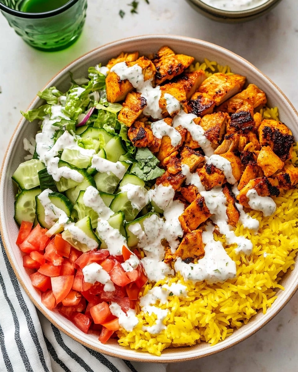 A bowl filled with three main layers starts with bright yellow rice at the bottom right. On the bottom left, there is a mix of chopped fresh vegetables including green cucumber, red tomato, light green lettuce, and some purple onion bits. On top, there are pieces of cooked chicken with a browned, slightly crispy texture scattered evenly. The whole dish is drizzled with white creamy sauce and a bright red sauce, both flowing over chicken and vegetables. Some green herbs are sprinkled on top to add a fresh touch. The bowl is white, and it sits on a white marbled surface. photo taken with an iphone --ar 4:5 --v 6.1