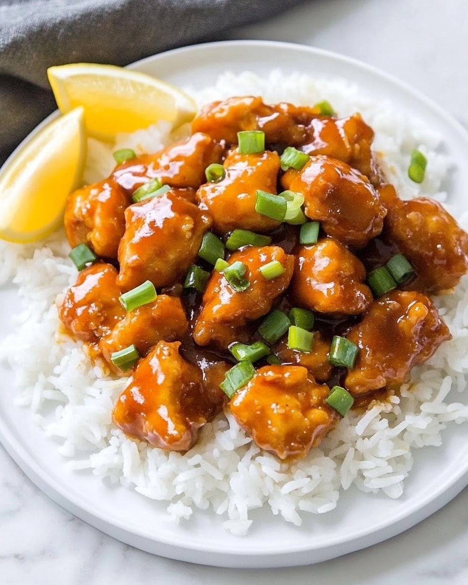 This close-up image shows multiple pieces of golden brown crispy chicken coated in a shiny, thick orange sauce, with bright green chopped spring onions sprinkled over the top for contrast. The chicken sits on a bed of fluffy white rice that occupies the bottom right corner of the image. The background is a white marbled texture. photo taken with an iphone --ar 4:5 --v 6.1