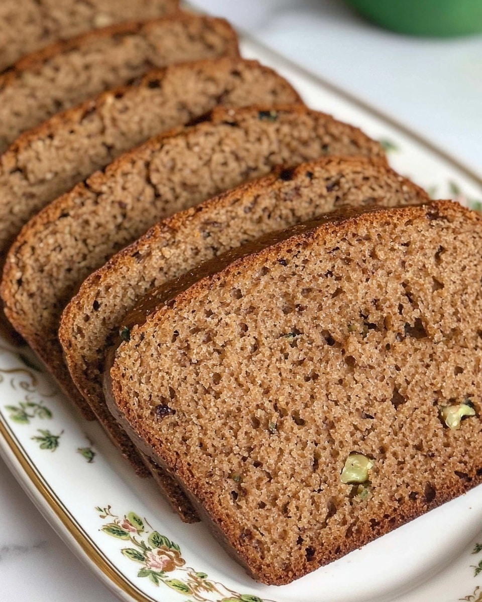 A loaf of brown bread sits on crinkled parchment paper on a white marbled surface. The bread has a rough, cracked crust on top and a dense texture inside with visible pieces of nuts spread throughout. Two thick slices are laid in front of the loaf, showing the crumbly interior. Nearby are a few walnuts and a small copper measuring cup. In the background, there are two green zucchinis. The lighting is soft and natural, making the bread look fresh and homemade. photo taken with an iphone --ar 4:5 --v 6.1
