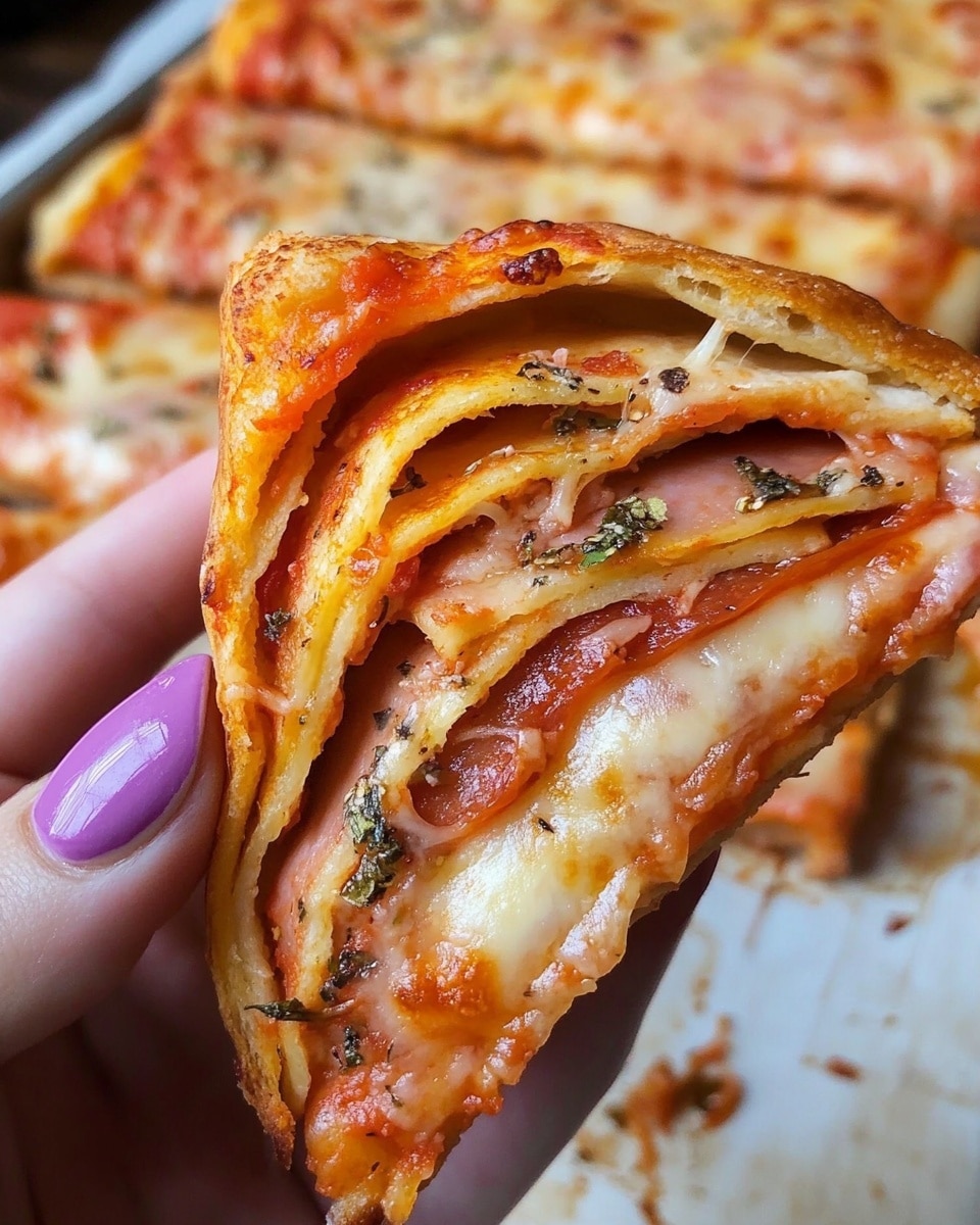 A close-up view of a slice of folded pizza held between both hands with purple nail polish. The slice shows multiple layers of thin crust that is golden brown and slightly crispy, with visible herbs sprinkled on top. Inside, there are several layers of melted cheese and thin slices of reddish-pink meat, all tightly packed and melted together. The background shows more slices of the same folded pizza resting on a baking tray with parchment paper. The surface beneath has a white marbled texture. Photo taken with an iphone --ar 4:5 --v 6.1