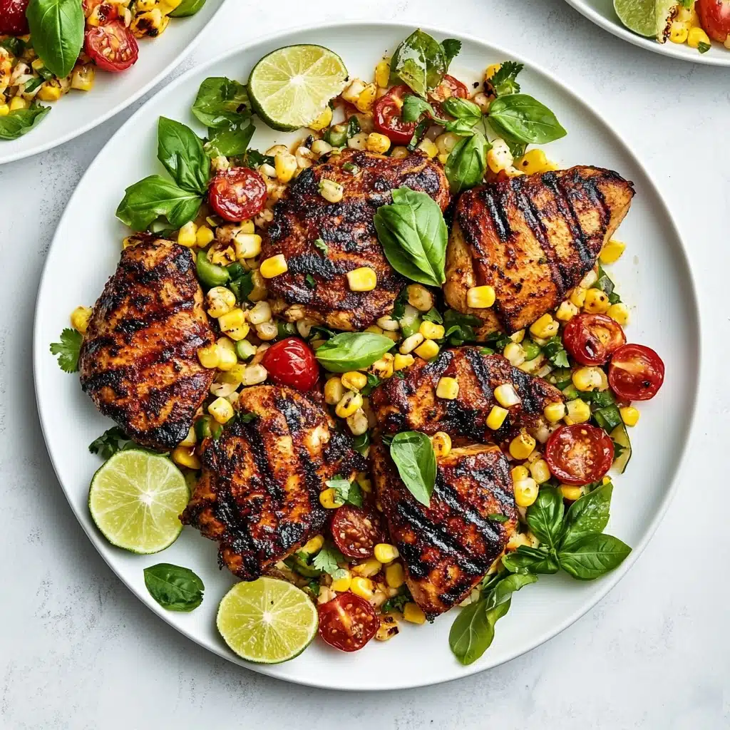 Grilled Chicken Thighs with Succotash, easy summer chicken recipes, smoky grilled chicken, fresh vegetable side dishes, summer dinner ideas A white plate holds five grilled chicken pieces with clear dark brown grill marks and a slightly crispy texture. The chicken pieces are arranged among three lime wedges with a bright green color. Scattered on and around the chicken are yellow corn kernels, light beige beans, fresh green leaves, and halved red cherry tomatoes. The plate is placed on a white marbled surface.
