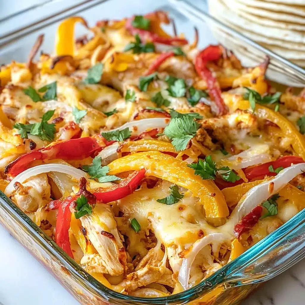 Chicken Fajitas Casserole, Mexican casserole recipe, easy chicken casserole, weeknight dinner ideas, cheesy fajita casserole A close-up view of two soft, lightly charred white tortillas filled with layers of seasoned, grilled meat, topped with sautéed red and yellow bell peppers and onions. On top, there are slices of fresh green jalapeño, small pieces of creamy avocado, and a dollop of white sour cream. Behind the tacos on the white plate is a wedge of lime and a small bunch of fresh green cilantro. The plate sits on a white marbled surface with part of another white plate holding more tortillas visible in the background.