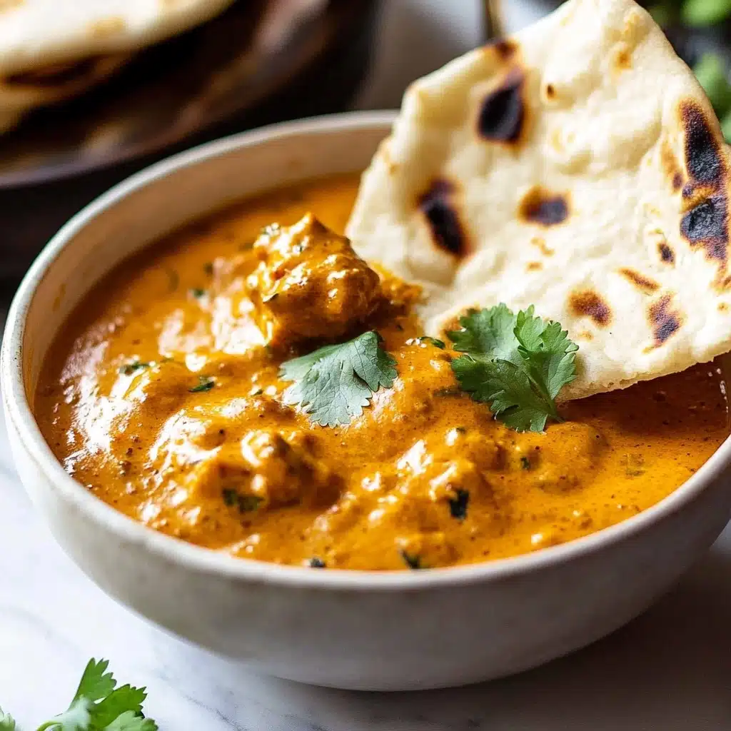 Creamy Butter Chicken Curry, Indian chicken curry recipe, easy butter chicken, homemade Indian curry, creamy tomato chicken dish The image shows a close-up of a black bowl with a golden design filled with a creamy orange curry garnished with green herbs on top, placed on a dark surface. Next to it, there is a bowl of white rice topped with brown nuts or seeds, and behind that, a white bowl holding folded white flatbreads. In the front, on a white marbled surface, there is a white plate with layered, toasted flatbreads that are light brown with darker spots. Pieces of round, light beige crispy bread are scattered near the plate. A silver spoon lies beside the plate. The background is blurred, showing two old-fashioned brass goblets and more flatbreads stacked behind.