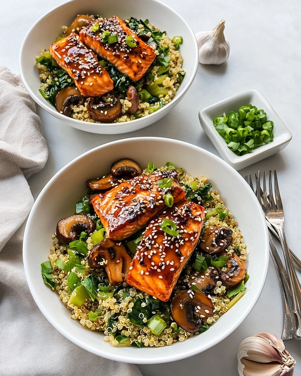 Teriyaki Salmon Bowl with Veggies and Avocado, healthy salmon bowl, easy salmon dinner, quick seafood recipes, colorful rice bowl Two white bowls are filled with a colorful dish; each has a base layer of light yellow quinoa mixed with sautéed green leafy vegetables and sliced brown mushrooms. On top, there are five pieces of glazed salmon with a shiny, dark reddish-brown sauce, sprinkled with white sesame seeds and chopped green onions. The bowls sit on a white marbled surface next to a beige cloth with two silver forks and a small white square bowl filled with chopped green onions. A garlic bulb is also placed near the bowls. The photo is taken with an iphone