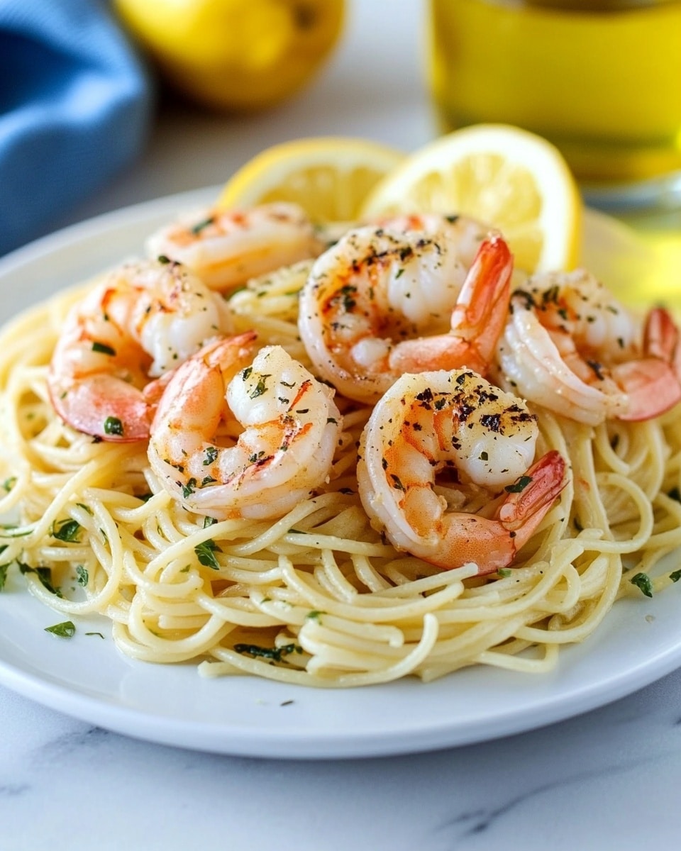 Shrimp Lemon Parsley Linguine, seafood pasta recipes, easy shrimp pasta, summer pasta dishes, lemon parsley linguine A white plate holds a serving of spaghetti pasta, light yellow in color with a slight sheen from olive oil and small bits of herbs scattered throughout. On top of the spaghetti sit six pink and slightly charred shrimp, arranged in a loose circle, each shrimp showing a firm texture with green herb flecks. Behind the shrimp are two lemon slices with bright yellow peel and juicy, translucent flesh. The plate rests on a white marbled surface with a soft blue cloth partially visible at the bottom right. In the background, there are blurred elements including a glass container with yellow oil and a bowl with reddish seasoning.
