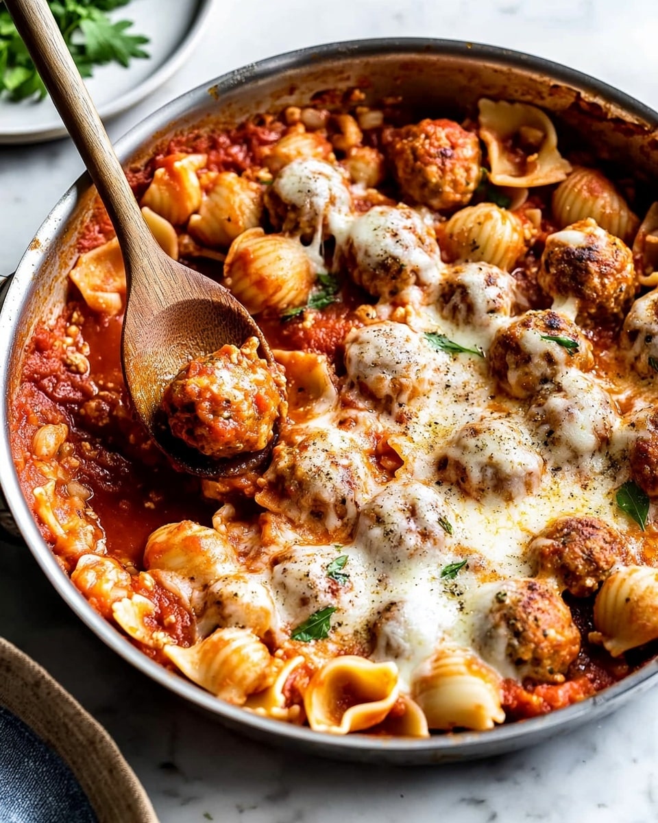 Orecchiette with Baked Mini Chicken Meatballs in Tomato Cream Sauce, chicken pasta with tomato cream sauce, baked chicken meatballs pasta, quick family pasta recipes, comforting Italian pasta dishes The image shows a large metallic pan on a white marbled surface holding a dish with three layers. The bottom layer consists of a red tomato-based sauce with a smooth and slightly thick texture. The middle layer has many small, round, golden brown meatballs spread throughout the pan. The top layer is made of small pasta shells in a light beige color, mixed evenly with the sauce and meatballs, some coated in melted white cheese sprinkled with green parsley flakes. A wooden spoon is lifting one meatball with pasta on it from the pan. In the corner, a white plate contains a serving of the same dish, matching the contents of the pan.