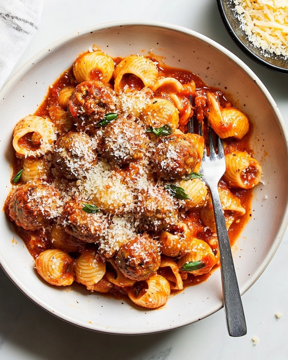Orecchiette with Baked Mini Chicken Meatballs in Tomato Cream Sauce, chicken pasta with tomato cream sauce, baked chicken meatballs pasta, quick family pasta recipes, comforting Italian pasta dishes A white bowl filled with round pasta pieces covered in bright red tomato sauce, mixed with browned meatballs scattered throughout. The pasta and meatballs are sprinkled with grated cheese that adds a light, powdery texture on top. A shiny silver fork rests inside the bowl on the right side, partially covered with sauce. The bowl is placed on a white marbled surface, and next to it on the right side is a small black bowl filled with more grated cheese.