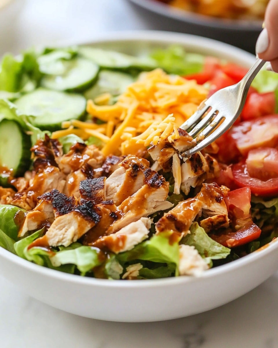 BBQ Chicken Bowls, easy BBQ chicken bowls, flavorful chicken bowls, quick lunch ideas, healthy meal bowls A white bowl is filled with a colorful layered salad. The bottom layer consists of bright green lettuce leaves, topped with chunks of light brown grilled chicken pieces. Over this, there are diced red tomatoes and slices of green cucumber. Shredded yellow cheddar cheese is sprinkled on top, along with small bits of crispy light brown tortilla strips. Some creamy white dressing and dark brown sauce are drizzled across the salad. A woman's hand is holding a fork lifting a mixed bite from the bowl. The bowl sits on a white marbled surface.