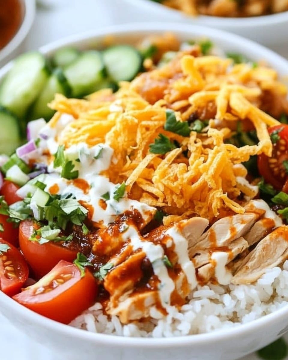 BBQ Chicken Bowls, easy BBQ chicken bowls, flavorful chicken bowls, quick lunch ideas, healthy meal bowls The image shows a white bowl filled with a colorful layered dish. The base layer appears to be white rice mixed with finely chopped green herbs. Above this are diced red tomatoes and cucumbers placed on the sides. On top of the vegetables, there are chunks of cooked chicken mixed with melted orange-yellow shredded cheese. Thin, crispy fried onion strings are scattered over the top layer, along with drizzles of white creamy sauce and a darker brown sauce. A woman's hand is holding a spoon that is digging into the bowl. The bowl sits on a white marbled surface, and another bowl of food is visible blurred in the background.