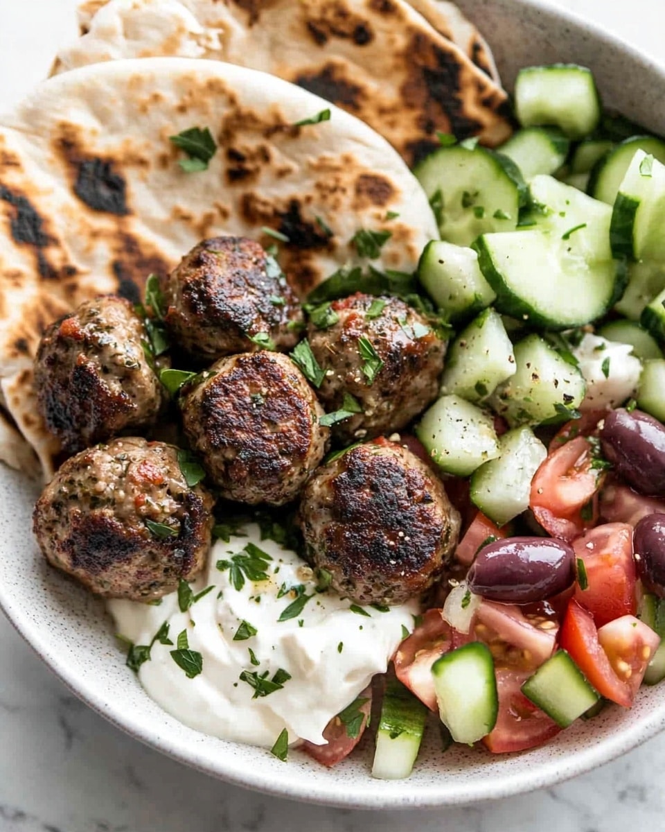 Greek Meatballs, Mediterranean Meatballs, Easy Greek Meatballs, Juicy Greek Meatballs, Authentic Greek Meatballs A white oval plate filled with two layers of browned meatballs, each meatball having a slightly charred, crispy outside texture with a juicy, coarse surface. The meatballs are garnished with small pieces of fresh green herbs scattered evenly on top. The plate sits on a white marbled surface, and there are pieces of flatbread partially visible in the background.