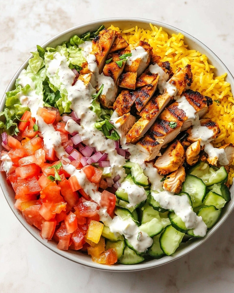 The dish is served in a white bowl filled with three main layers: at the bottom, bright yellow rice spreads evenly across the bowl; on top of the rice, there are pieces of grilled meat, browned with a crispy texture and scattered irregularly; on one side, a fresh salad made of chopped light green lettuce, diced red tomatoes, and bits of cucumber adds color and freshness. The whole dish is topped with a generous drizzle of white creamy sauce and some red sauce, which are unevenly spread over the meat and part of the salad. In the background, two small bowls hold one red sauce and one white sauce, and everything sits on a white marbled surface. Photo taken with an iphone --ar 4:5 --v 6.1