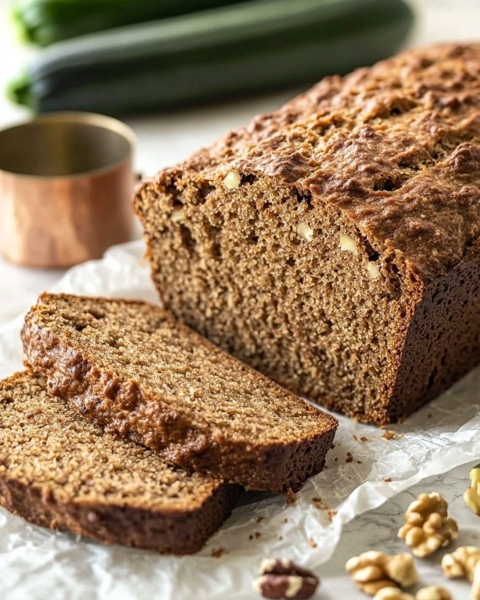 Five slices of brown nut bread with visible dark walnut pieces and small green specks, arranged in a slightly overlapping line on a white rectangular plate with floral patterns and a gold rim. The bread has a textured, moist crumb and a darker crust around the edges. The plate sits on a white marbled surface with a small blurred green object in the background. Photo taken with an iphone --ar 4:5 --v 6.1