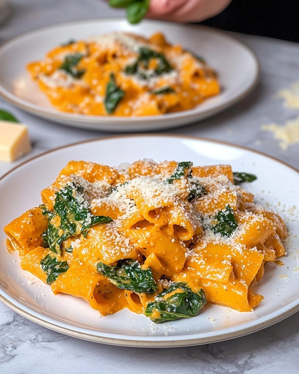 The image shows two white plates filled with orange creamy pasta with spinach leaves mixed in. The pasta is layered thickly on the plates, with visible pieces of chopped spinach scattered on top and mixed inside, and grated cheese sprinkled across the surface, adding a light white texture. The plate in the foreground has pasta that looks folded into small square shapes, covered evenly with the sauce and spinach. The surface beneath is a white marbled texture with some scattered bits of cheese. In the background, a woman’s hand holding a piece of cheese crumbles it near the plates. Photo taken with an iphone --ar 4:5 --v 6.1