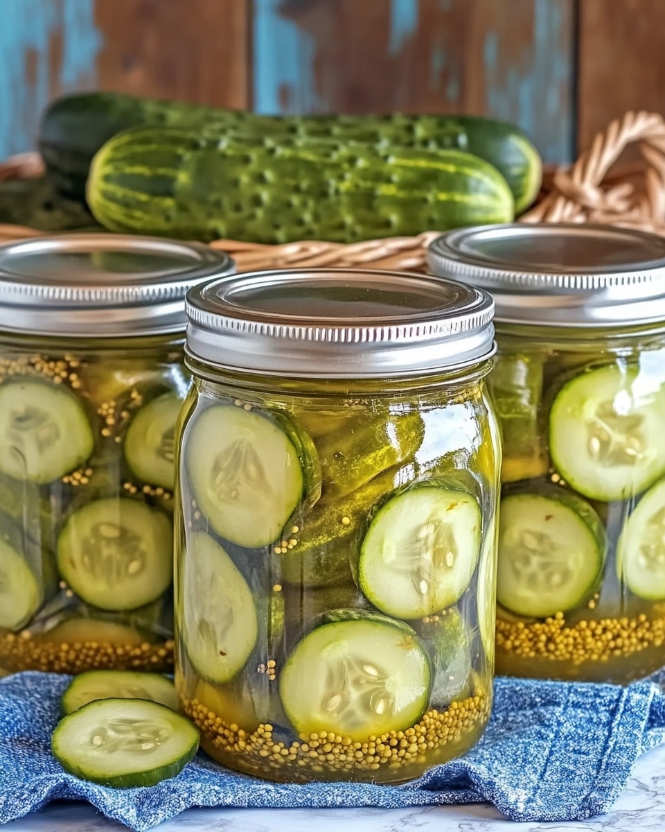 Five clear glass jars filled with pickled cucumbers sit on a blue cloth over a white marbled surface. The cucumbers are sliced in uneven round pieces with some small seeds visible inside, all soaked in a yellowish-green brine with mustard seeds floating among them. Each jar is sealed with a shiny silver lid. Behind the jars, a wicker basket contains whole green cucumbers dotted with small bumps. In front of the jars, a single whole cucumber lays on the surface. The background has a rustic wooden wall with faded blue and beige paint. Photo taken with an iphone --ar 4:5 --v 6.1