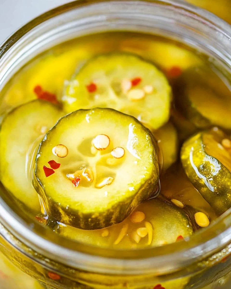 A close-up view of a glass jar filled with sliced yellow pickles. The slices have a ridged texture and are floating in a clear yellowish brine, which contains small red pepper flakes and mustard seeds. The jar shows layers of pickle slices stacked loosely with some greenish pickle skin visible around the edges. The background features a white marbled texture, giving the image a clean and bright look. photo taken with an iphone --ar 4:5 --v 6.1