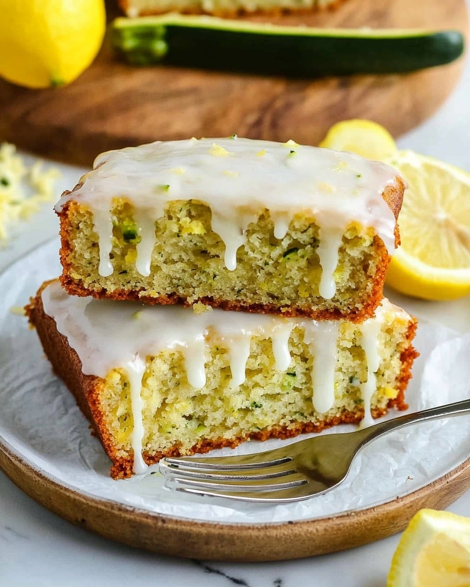 Two slices of yellow lemon zucchini bread with visible small green zucchini bits are stacked on a round white plate lined with white parchment paper. Each slice has a thick white glaze dripping slightly down the sides. A fork with a piece of the bread on it rests on the plate near a few lemon wedges. The background shows a wooden cutting board with some shredded zucchini and a halved lemon, all set on a white marbled surface. Photo taken with an iphone --ar 4:5 --v 6.1