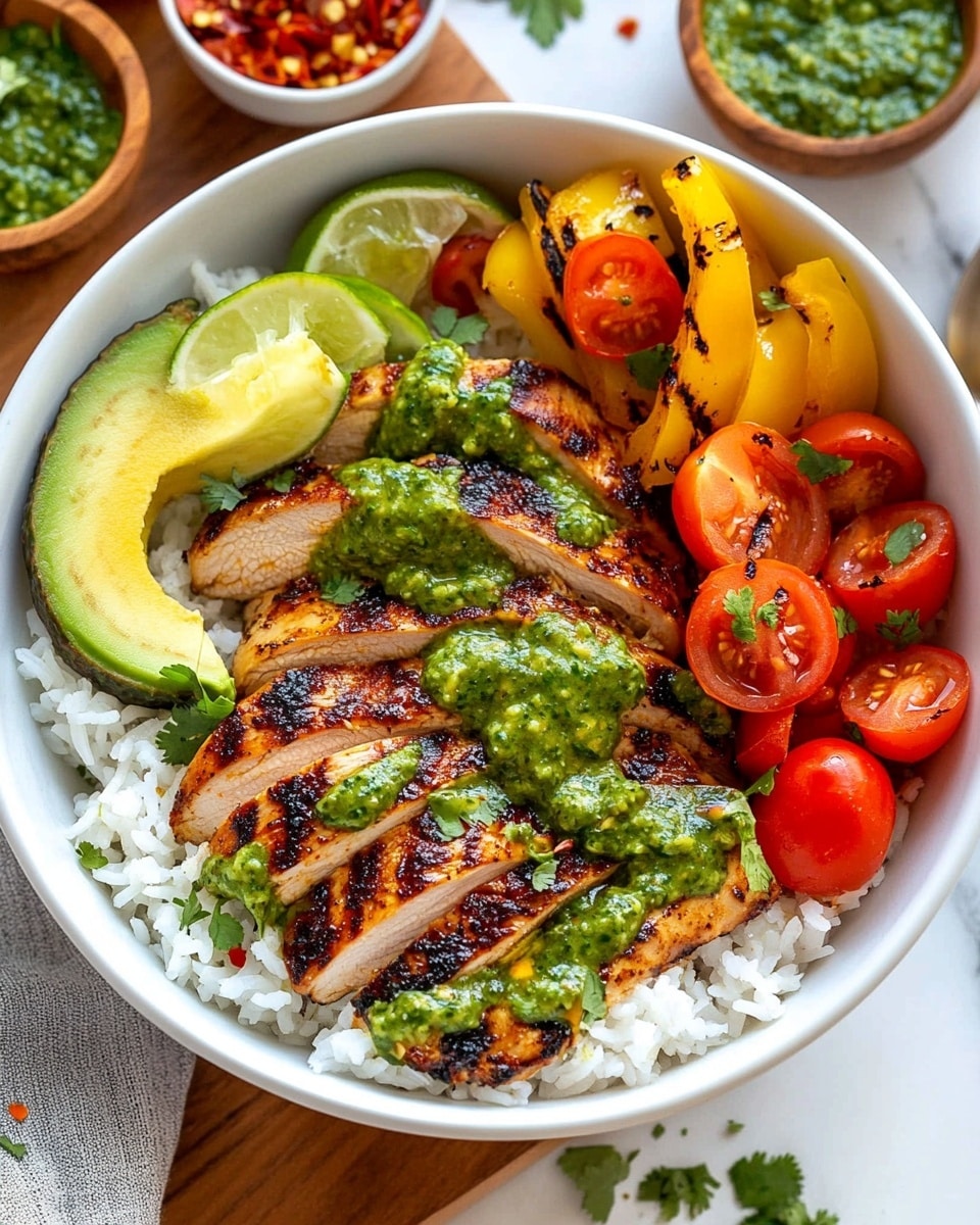 A white bowl filled with a layer of white rice at the bottom, topped on one side with sliced, browned grilled chicken that has a green sauce drizzle and some red chili flakes. On the other side, there are yellow and red bell pepper strips mixed with halved cherry tomatoes, also sprinkled with green sauce and red chili flakes. Near the peppers, fresh avocado slices with green sauce and chili flakes are visible. A lime wedge sits on the rice near the chicken. The bowl rests on a wooden surface with small bowls containing red chili flakes and green sauce nearby, all on a white marbled texture. A silver spoon is placed inside the bowl. Photo taken with an iphone --ar 4:5 --v 6.1