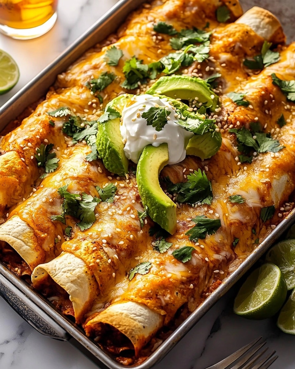 A tray filled with eight rolled enchiladas covered with melted golden-brown cheese and a light topping of green cilantro leaves. Three dollops of white sour cream sit on top, each crowned with slices of green avocado and sesame seeds. A wedge of lime sits near the top right corner of the tray. The tray rests on a white marbled surface with a metal spatula and a fork partially visible on the left side, with lime wedges and a glass of amber liquid in the background. Photo taken with an iphone --ar 4:5 --v 6.1
