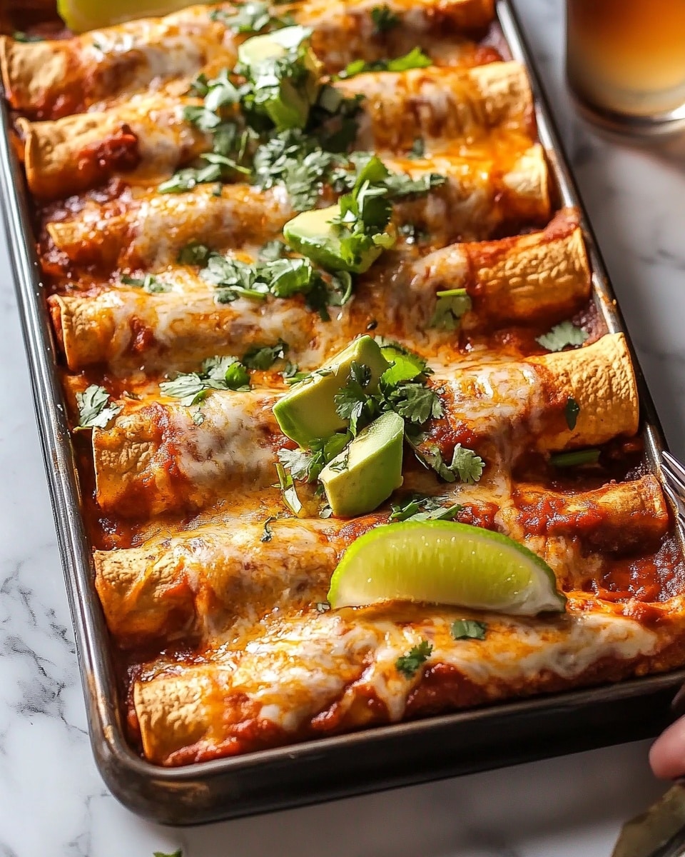 The image shows a tray of eight enchiladas, arranged in two rows of four, with crispy browned edges and melted golden cheese on top. Each enchilada is filled and rolled with a textured reddish-brown sauce underneath the cheese layer. Two enchiladas near the center are topped with fresh green avocado slices, chopped cilantro, and a dollop of white sour cream. A lime wedge sits on one enchilada on the right side, and three lime wedges are placed above the tray on a white marbled surface. A glass with a light amber drink is visible in the upper left corner. A woman's hand holds a fork resting on the side of one enchilada near the right edge. Photo taken with an iphone --ar 4:5 --v 6.1