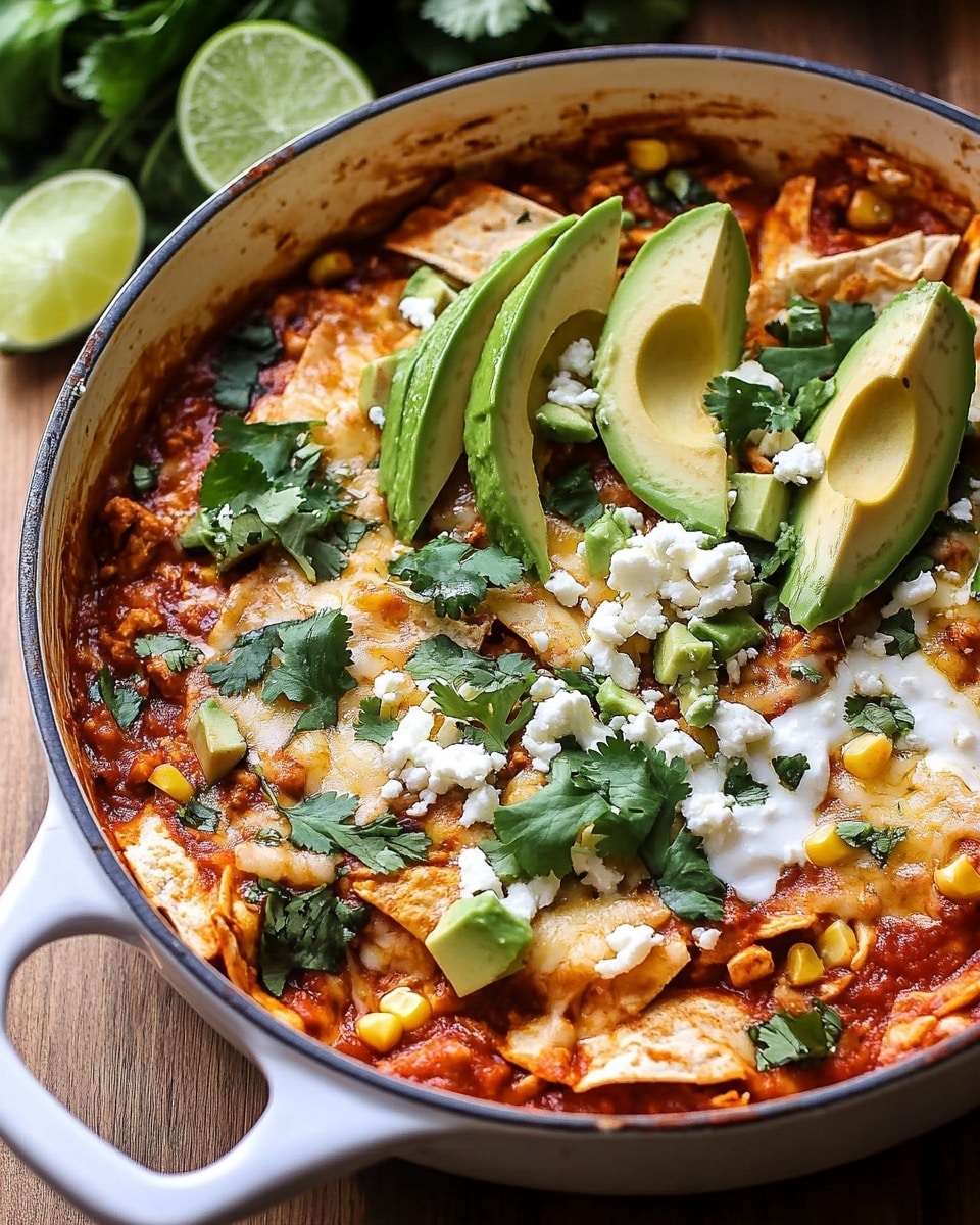 A white pan filled with a layered Mexican dish starting with a rich red sauce base, topped with melted light golden cheese that has slightly browned edges, and folded soft tortillas soaked in sauce around the sides. Above the cheese, there are green fresh cilantro leaves spread across the middle, scattered white cheese crumbles, and small pieces of yellow corn kernels. There are three thick avocado slices with a pale green creamy texture placed on one side. White creamy sauce is drizzled across the top in small dollops. The pan sits on a wooden surface with green fresh spinach leaves and quartered lime wedges in the background. Photo taken with an iphone --ar 4:5 --v 6.1