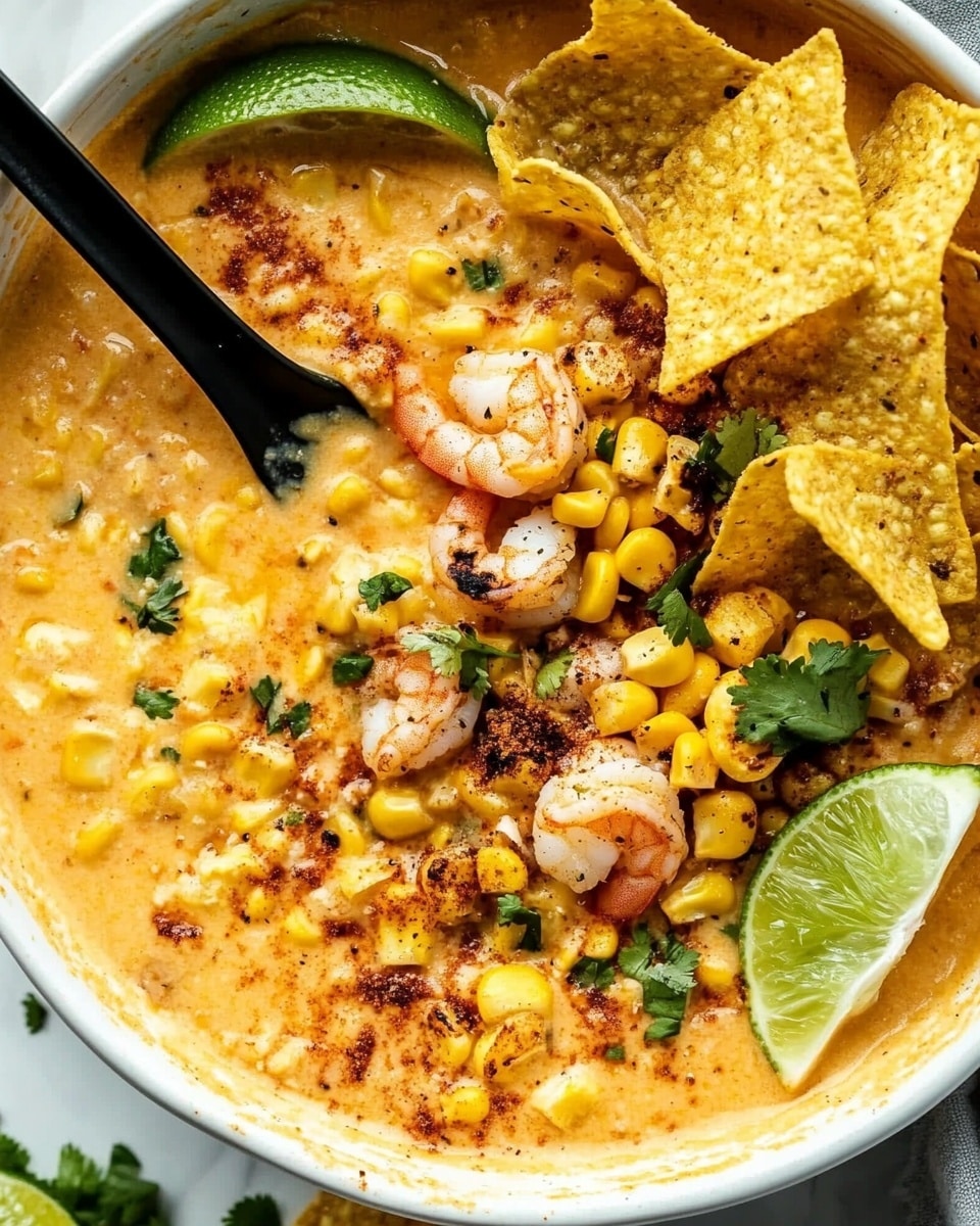 A white oval dish filled with a creamy yellow-orange dip layered with charred corn kernels and finely chopped white onion scattered on top. The dip has a smooth texture with some melted cheese on the surface, sprinkled with green herbs and red chili powder. Around the edges, there are white corn chips, some dipped in the creamy mixture. Lime wedges with red chili flakes are placed on top for garnish. A black spoon is scooping the dip, and the dish sits on a white marbled surface with more scattered corn chips nearby. Photo taken with an iphone --ar 4:5 --v 6.1