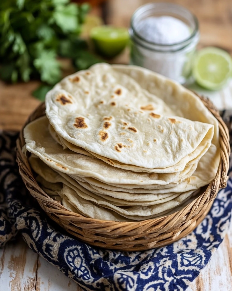 A basket lined with a beige and navy-blue patterned cloth holds four stacked round flatbreads with light golden-brown spots, soft texture, and slightly puffed appearance. The basket sits on a rustic wooden surface with a blurred white container and some green herbs in the background. A wooden rolling pin lies behind the basket, adding a warm, natural element to the scene. The lighting highlights the soft texture and subtle browning of the flatbreads, creating a cozy, homely feeling. photo taken with an iphone --ar 4:5 --v 6.1