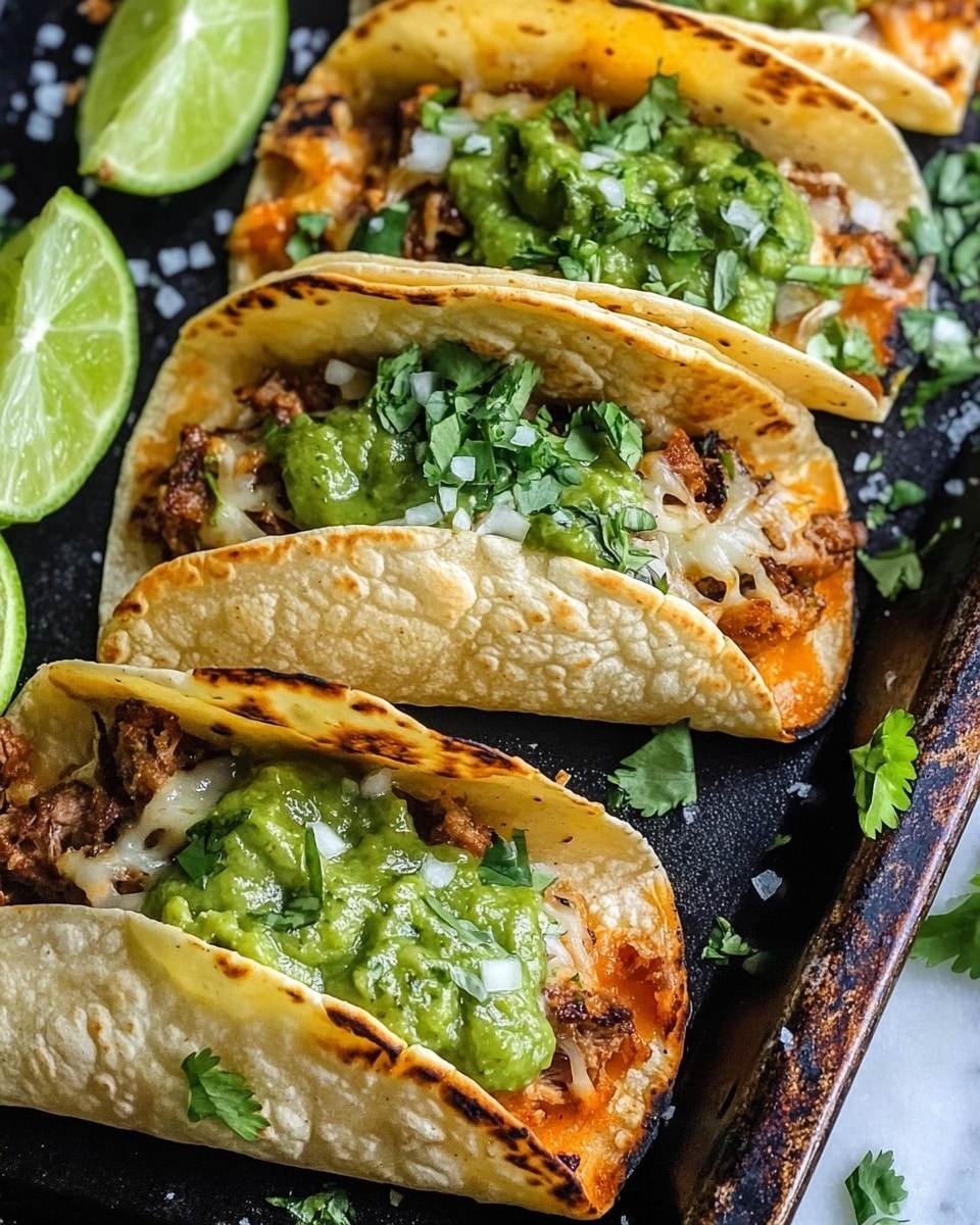 The image shows three folded golden-brown tacos placed close together on a dark baking tray. Each taco is filled with melted cheese and cooked green chili peppers that peek out from the edges. The tacos are topped with a sprinkle of coarse white salt and a dollop of green sauce, along with shredded green lettuce scattered on top. Around the tacos, there are lime wedges and some fresh green herbs like cilantro. In the bottom left corner, a metal spoon holds some extra green sauce. The background is a white marbled texture. photo taken with an iphone --ar 4:5 --v 6.1
