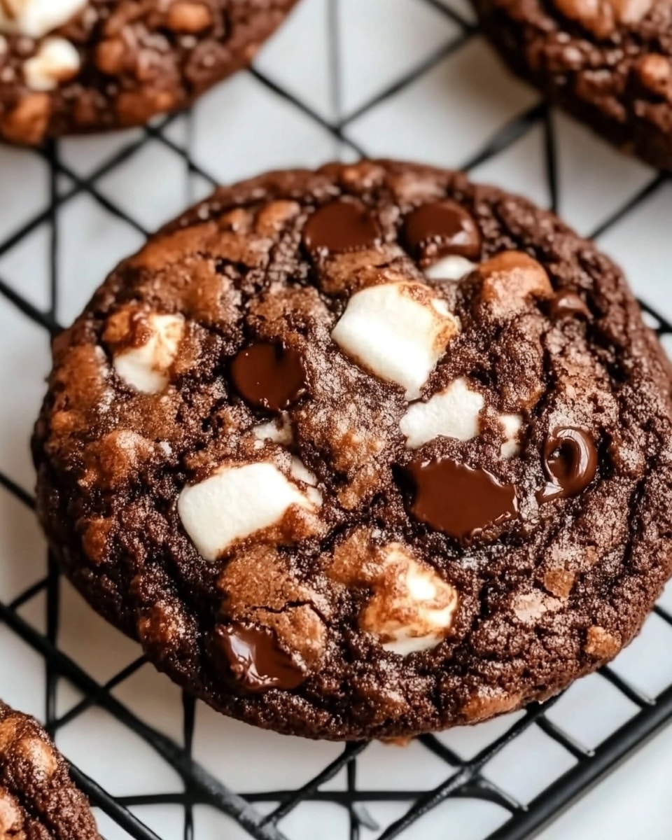 The image shows a close-up of a round chocolate cookie with a cracked, slightly rough surface resting on a black wire cooling rack placed over a white marbled surface. The cookie has a rich dark brown color with several visible melted chocolate chips and white marshmallow bits embedded unevenly across the top, creating a textured look with soft, glossy patches and matte dry areas. Other similar cookies can be seen partially around the main cookie, all sharing the same textured top and chocolate-marshmallow mix. photo taken with an iphone --ar 4:5 --v 6.1