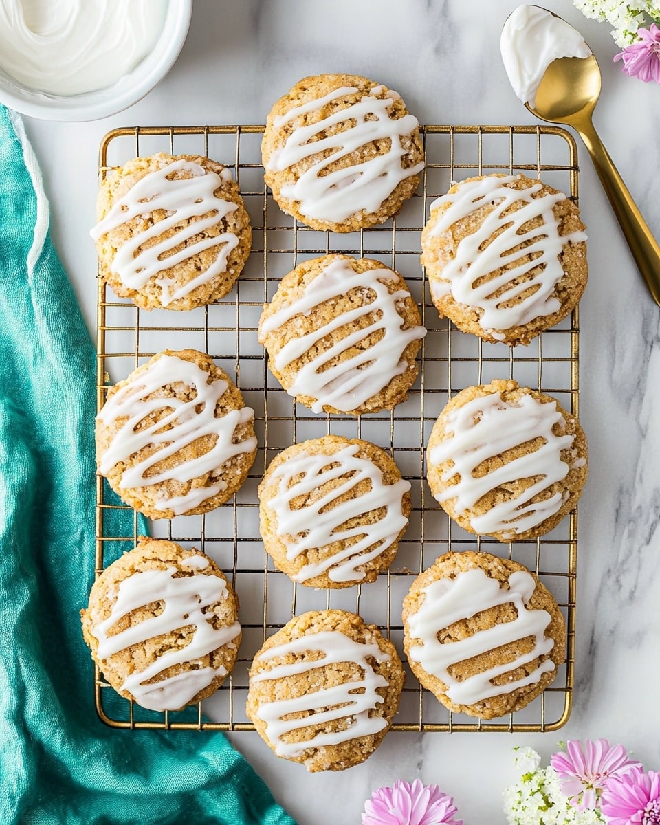 Thirteen round cookies are arranged on a gold wire cooling rack over a white marbled surface with a teal cloth on the left. Each cookie has a light golden base topped with chunky brown crumb pieces, and all are drizzled with white icing lines. Two pink flowers and some small white flowers decorate the rack for a fresh look. A white bowl with white icing and a gold spoon with icing rest at the top left and bottom right corners, respectively. Photo taken with an iphone --ar 4:5 --v 6.1