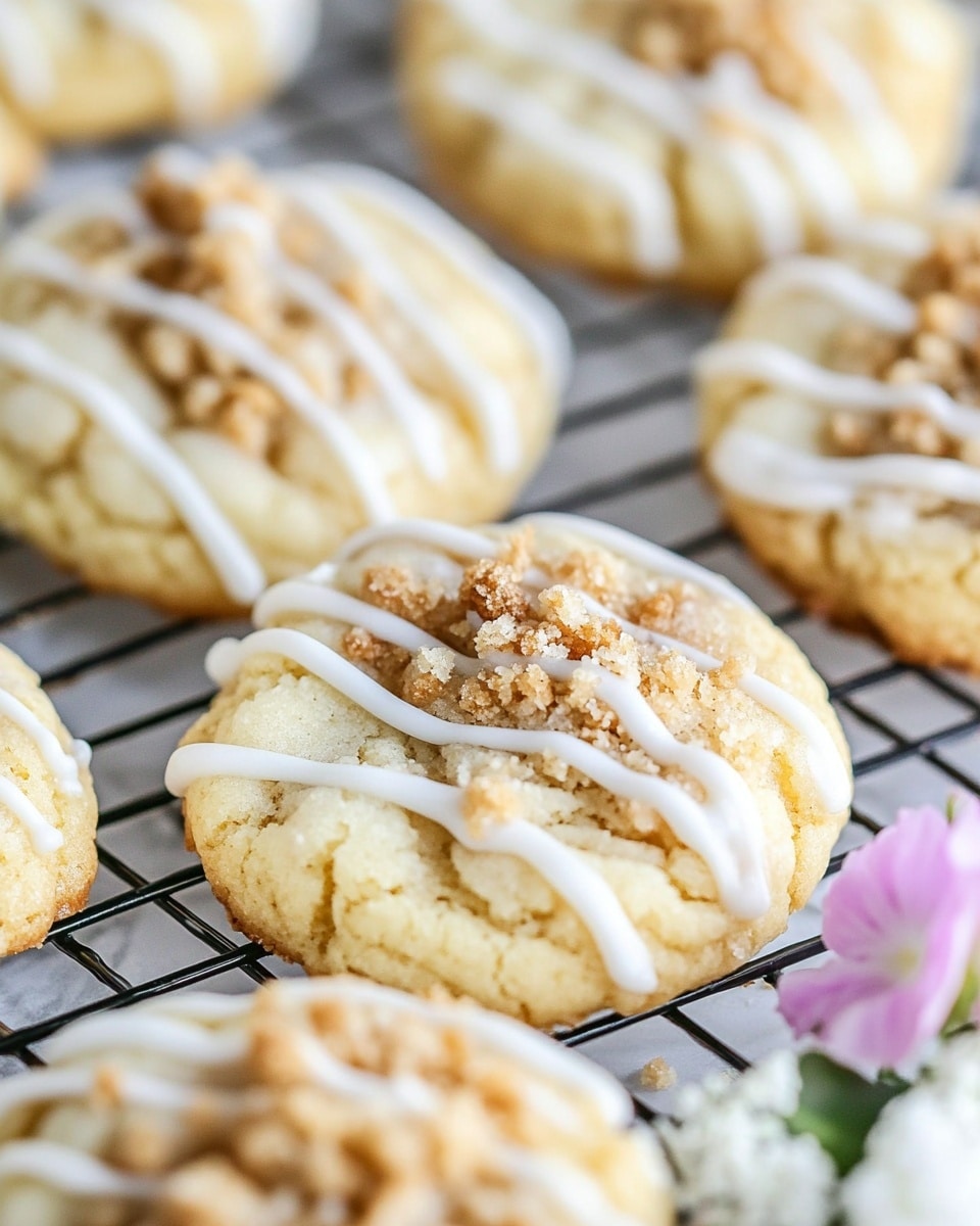 The image shows several soft, round cookies with two visible layers placed on a cooling rack on a white marbled surface. The bottom layer is a pale yellow dough base with a soft texture, and the second layer is a crumbly, light brown topping sprinkled generously on each cookie. Over the top layer, there are thin, white icing lines drizzled in a loose zigzag pattern. Around the cookies, there are small white flowers and a pink flower for decoration, adding a touch of color. Photo taken with an iphone --ar 4:5 --v 6.1