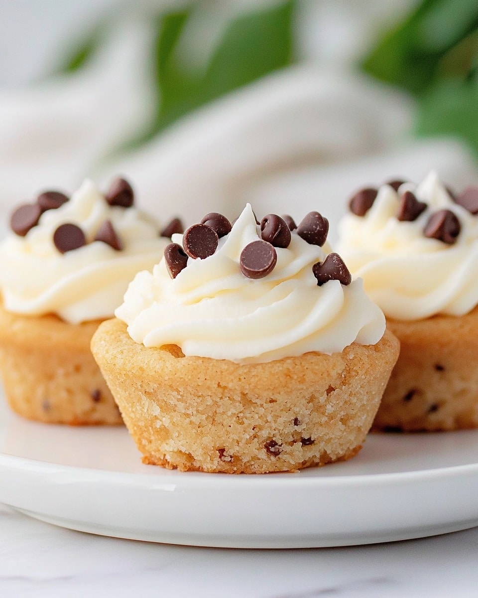 Three small cookie cups sit on a white plate over a white marbled surface. Each cup has a textured, golden-brown cookie shell as the base layer. On top is a thick, creamy white frosting layer swirled into soft peaks. Scattered over the frosting are small, smooth dark chocolate chips, adding contrast to the light cream. A blurred green plant is seen in the background, giving a fresh feel to the image. Photo taken with an iphone --ar 4:5 --v 6.1