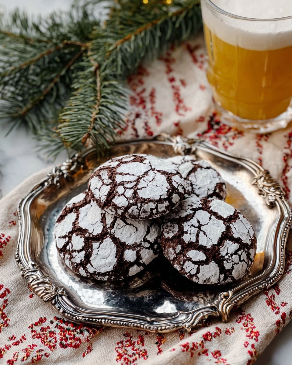 Four chocolate crinkle cookies covered in cracked white powdered sugar sit on a shiny silver tray with ornate edges, placed on a cream cloth with red patterns. To the upper right, there is a drink glass with a creamy foam layer inside, colored in warm amber tones. On the left side, green pine tree branches add a festive touch, all set on a white marbled textured surface photo taken with an iphone --ar 4:5 --v 7