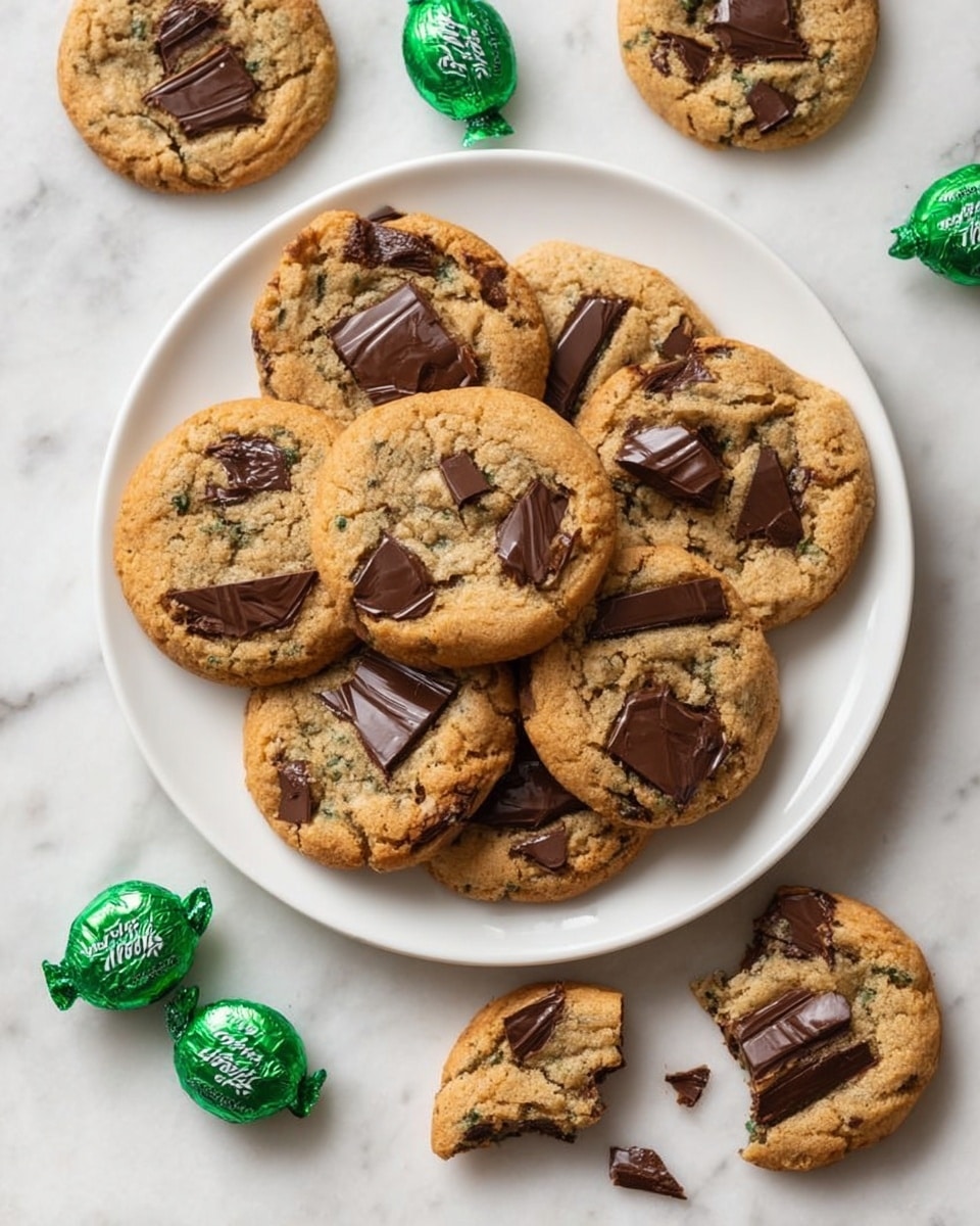 A white plate is filled with about eight golden brown cookies, each embedded with large, chunky pieces of dark chocolate scattered unevenly across their tops. Around the plate, similar cookies rest directly on a white marbled surface, including one cookie broken into two pieces with visible soft texture inside. Also scattered on the surface are shiny green-wrapped chocolates with small broken chocolate bits near them, adding a contrast to the scene. The lighting highlights the cookies’ slightly rough texture and the glossy sheen on the chocolate pieces. Photo taken with an iphone --ar 4:5 --v 7