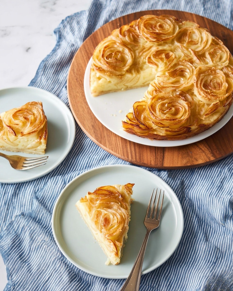 A round pie with a golden brown top layer made of swirled, thinly sliced fruit arranged like rose petals sits on a white plate on a wooden board. The pie has a creamy light yellow base layer visible between the fruit swirls. Two small white plates hold triangular slices of the pie, showing the light yellow creamy inside topped with the same golden fruit swirls. Each small plate has a fork beside the slice, all placed on a blue and white striped cloth over a white marbled surface. Photo taken with an iphone --ar 4:5 --v 7